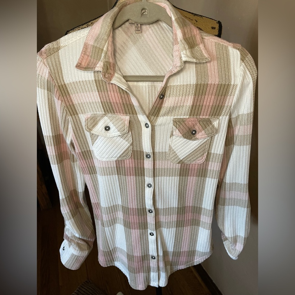 Como Vintage plaid Striped knit in Pink and Tan super soft Sz M EUC